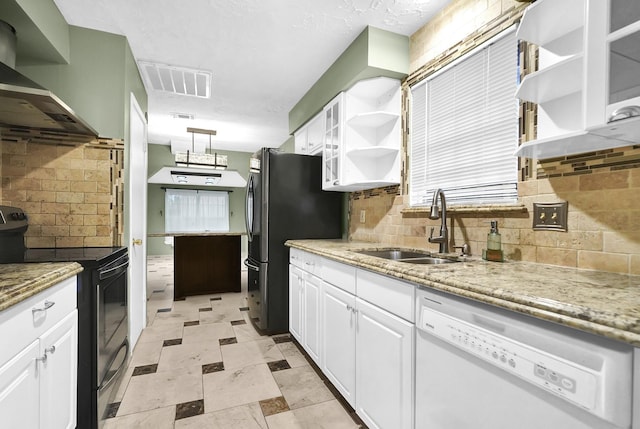 8030 Dodiewood Ln, Houston, TX 77086 - kitchen featuring open shelves, dishwasher, electric range oven, wall chimney range hood, and a sink