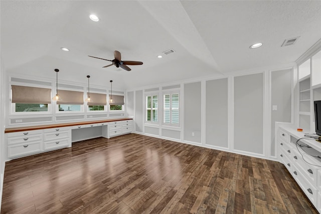 16111 Maplehurst Dr, Houston, TX 77379 - unfurnished office with a ceiling fan, built in study area, dark wood-style flooring, and recessed lighting