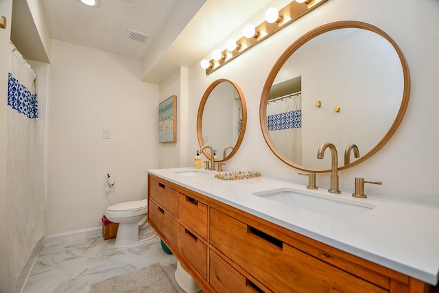 2735 Triway Ln, Houston, TX 77043 - bathroom featuring double vanity, marble look tiles, toilet, and baseboards