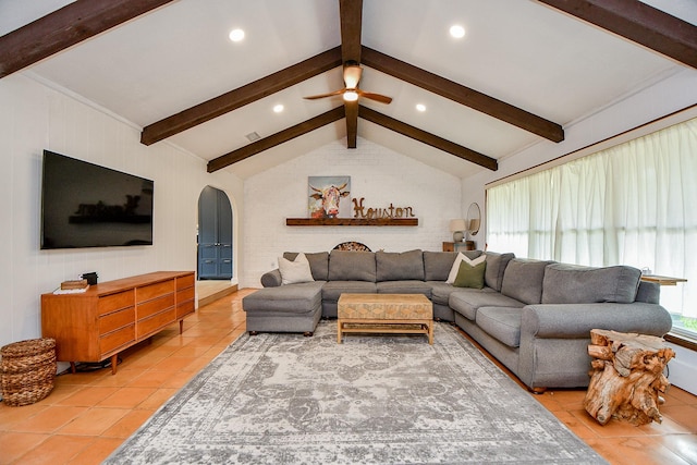 2735 Triway Ln, Houston, TX 77043 - living area featuring arched walkways, light tile patterned floors, a ceiling fan, and recessed lighting