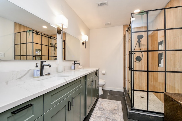 2735 Triway Ln, Houston, TX 77043 - full bathroom featuring double vanity, a shower stall, toilet, baseboards, and tile patterned flooring