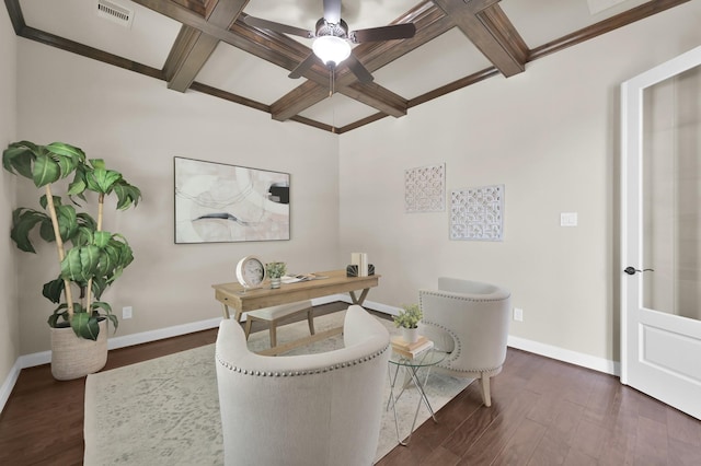13518 Ambler Springs Dr, Tomball, TX 77377 - office featuring coffered ceiling, dark wood-style floors, baseboards, a ceiling fan, and beam ceiling