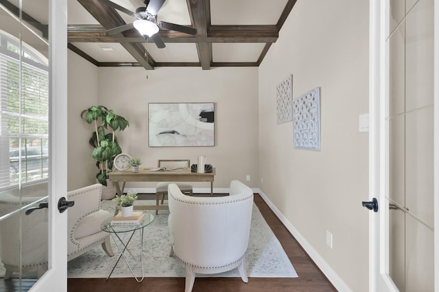 13518 Ambler Springs Dr, Tomball, TX 77377 - office featuring french doors, coffered ceiling, ceiling fan, beamed ceiling, and baseboards
