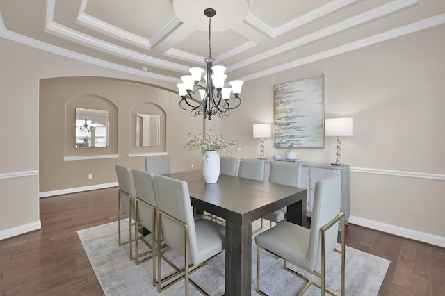 13518 Ambler Springs Dr, Tomball, TX 77377 - dining room featuring a chandelier, crown molding, wood finished floors, coffered ceiling, and baseboards
