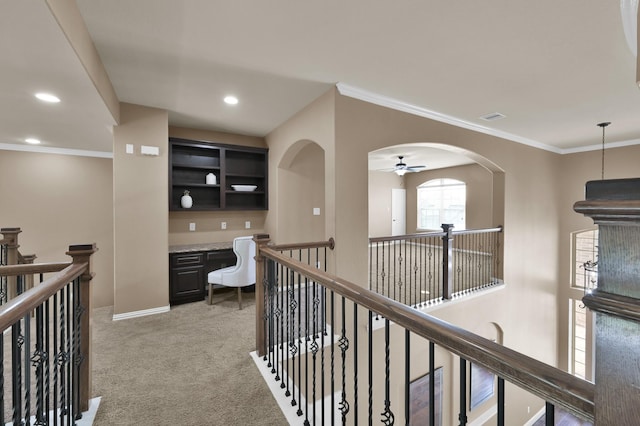 13518 Ambler Springs Dr, Tomball, TX 77377 - hallway with carpet flooring, an upstairs landing, ornamental molding, a desk, and baseboards