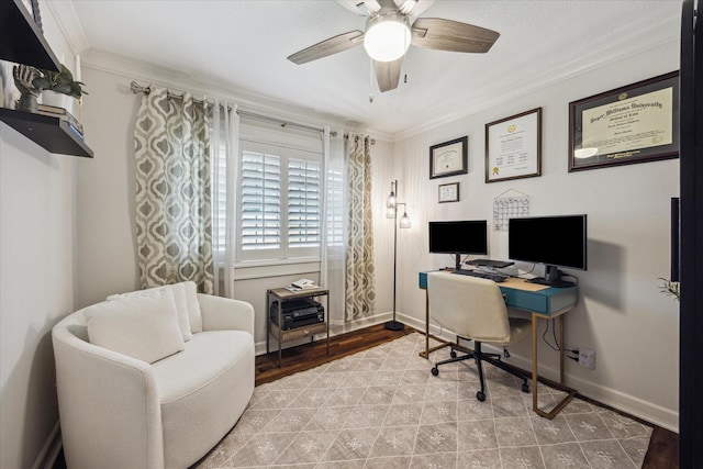 10228 Brinwood Dr, Houston, TX 77043 - office with crown molding, a ceiling fan, and baseboards