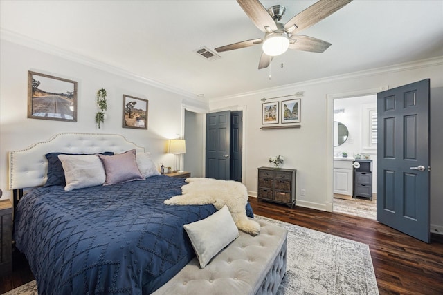 10228 Brinwood Dr, Houston, TX 77043 - bedroom featuring ornamental molding, dark wood-style flooring, a closet, baseboards, and ensuite bath