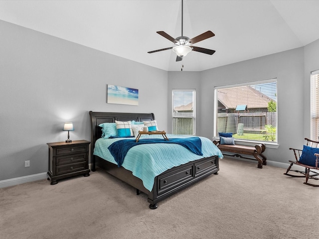 2314 Navo Ln, League City, TX 77573 - bedroom with light colored carpet, baseboards, a ceiling fan, and vaulted ceiling