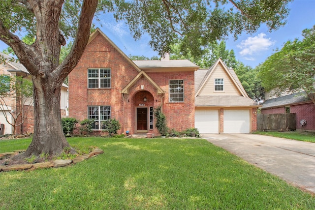 3218 Barkers Forest Ln, Houston, TX 77084 - tudor home with brick siding, concrete driveway, a chimney, and a garage