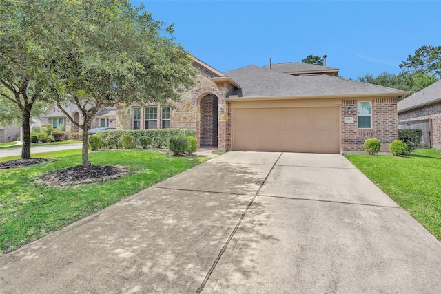 2602 Tacoma Springs Dr, Conroe, TX 77304 - view of front of house with a front yard, an attached garage, brick siding, driveway, and stone siding