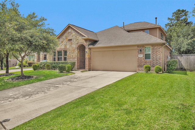 2602 Tacoma Springs Dr, Conroe, TX 77304 - view of front of home with an attached garage, concrete driveway, brick siding, a shingled roof, and stone siding