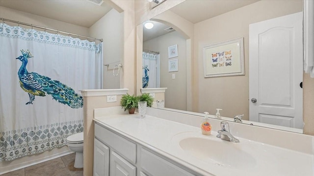 13822 Birney Point Ln, Houston, TX 77044 - bathroom with toilet, vanity, tile patterned floors, and a shower with curtain