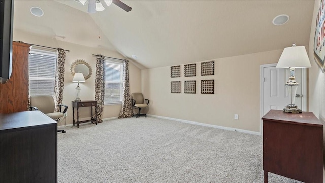 13822 Birney Point Ln, Houston, TX 77044 - sitting room with lofted ceiling, carpet floors, a ceiling fan, and baseboards