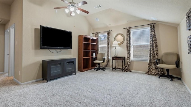 13822 Birney Point Ln, Houston, TX 77044 - sitting room featuring carpet, a ceiling fan, vaulted ceiling, and baseboards