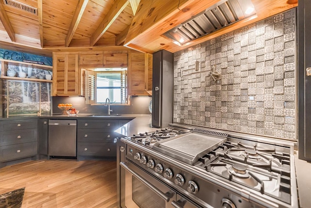 1927 E Lake Dr, Huntsville, TX 77340 - kitchen with stainless steel appliances, a sink, wood ceiling with exposed beams, light wood-style floors, and custom range hood