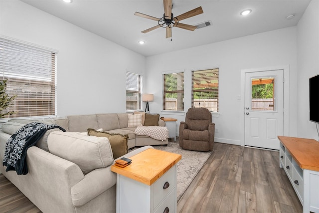 19180 Cedar Lennox Cir, Magnolia, TX 77355 - living area with wood finished floors, a ceiling fan, recessed lighting, and baseboards