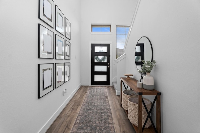 19180 Cedar Lennox Cir, Magnolia, TX 77355 - foyer entrance with wood finished floors, baseboards, and a high ceiling