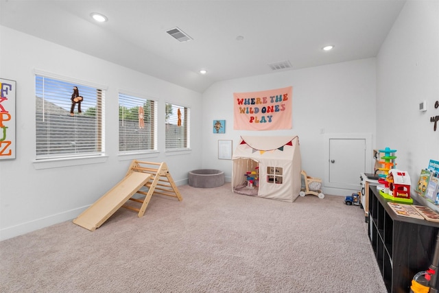 19180 Cedar Lennox Cir, Magnolia, TX 77355 - rec room with carpet flooring, recessed lighting, lofted ceiling, and baseboards