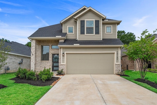 19180 Cedar Lennox Cir, Magnolia, TX 77355 - view of front facade featuring driveway, an attached garage, a front yard, roof with shingles, and brick siding
