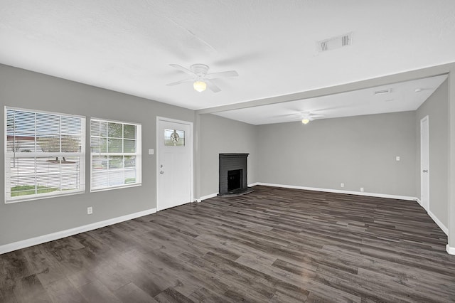 3515 Meadowlake Rd, Pasadena, TX 77503 - unfurnished living room with ceiling fan, dark wood-type flooring, a fireplace, and baseboards