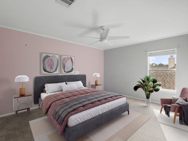 2965 Rustic Pier Ln, League City, TX 77573 - carpeted bedroom featuring crown molding, baseboards, and a ceiling fan