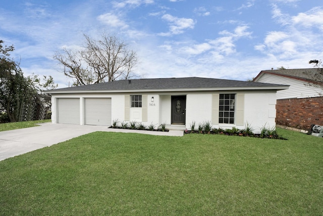9414 Colleen Rd, Houston, TX 77080 - ranch-style home with concrete driveway, a garage, a front lawn, brick siding, and a shingled roof
