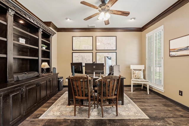 1915 Landon Point Cir, Katy, TX 77450 - home office with ornamental molding, a ceiling fan, dark wood-style floors, and baseboards