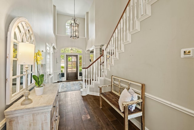 1915 Landon Point Cir, Katy, TX 77450 - entrance foyer featuring dark wood-type flooring, baseboards, a high ceiling, a chandelier, and stairs