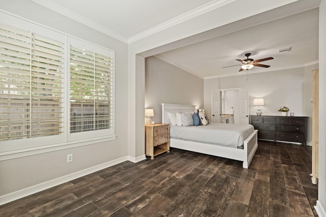 1915 Landon Point Cir, Katy, TX 77450 - bedroom with dark wood finished floors, ornamental molding, baseboards, and ceiling fan