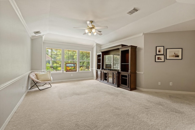 1915 Landon Point Cir, Katy, TX 77450 - sitting room featuring ornamental molding, vaulted ceiling, ceiling fan, baseboards, and carpet floors