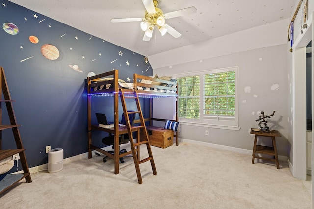 1915 Landon Point Cir, Katy, TX 77450 - bedroom featuring carpet floors, baseboards, vaulted ceiling, an office area, and a ceiling fan
