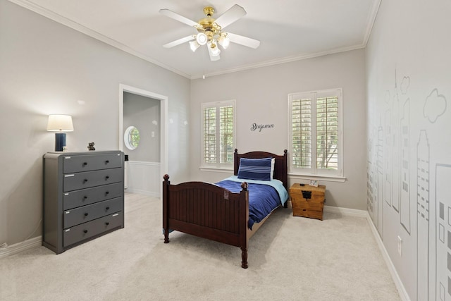 1915 Landon Point Cir, Katy, TX 77450 - bedroom featuring crown molding, light carpet, baseboards, and a ceiling fan