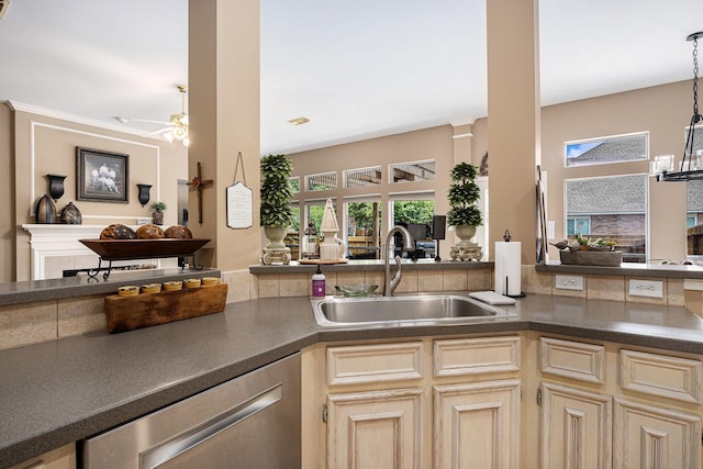 10235 Shipmans Landing Dr, Missouri City, TX 77459 - kitchen with dishwasher, open floor plan, a sink, dark countertops, and a ceiling fan
