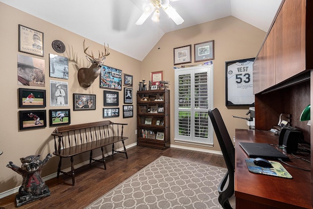 10235 Shipmans Landing Dr, Missouri City, TX 77459 - office area featuring ceiling fan, dark wood-style floors, vaulted ceiling, and baseboards