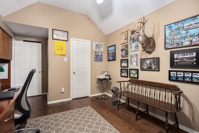 10235 Shipmans Landing Dr, Missouri City, TX 77459 - office space with wood finished floors, lofted ceiling, baseboards, and a ceiling fan