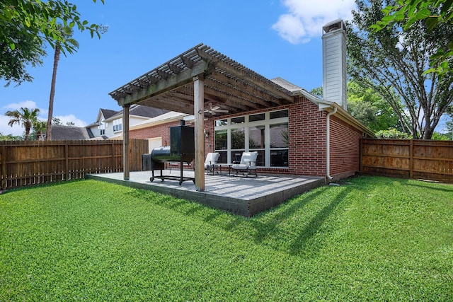 10235 Shipmans Landing Dr, Missouri City, TX 77459 - rear view of property featuring a pergola, a chimney, a patio, and brick siding