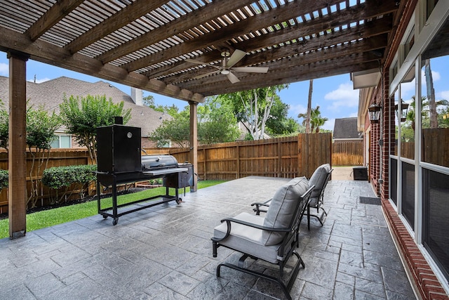 10235 Shipmans Landing Dr, Missouri City, TX 77459 - fenced backyard with a pergola, a patio, and ceiling fan