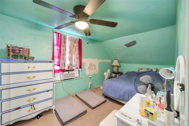 1806 State St, Houston, TX 77007 - carpeted bedroom with vaulted ceiling and a ceiling fan
