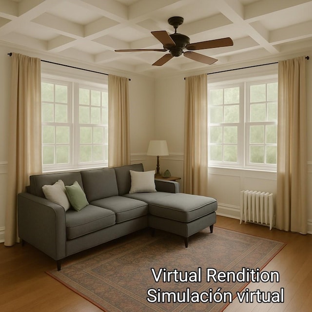 1806 State St, Houston, TX 77007 - living room with radiator, coffered ceiling, wood finished floors, ceiling fan, and beamed ceiling