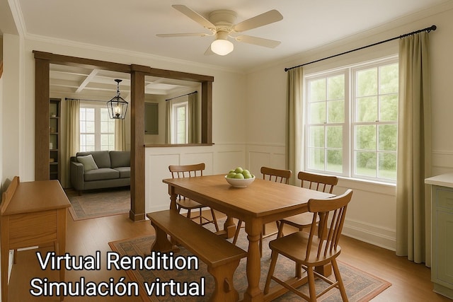 1806 State St, Houston, TX 77007 - dining room featuring light wood-type flooring, crown molding, a ceiling fan, coffered ceiling, and a decorative wall