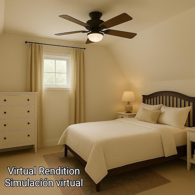 1806 State St, Houston, TX 77007 - bedroom with vaulted ceiling, ceiling fan, and light carpet