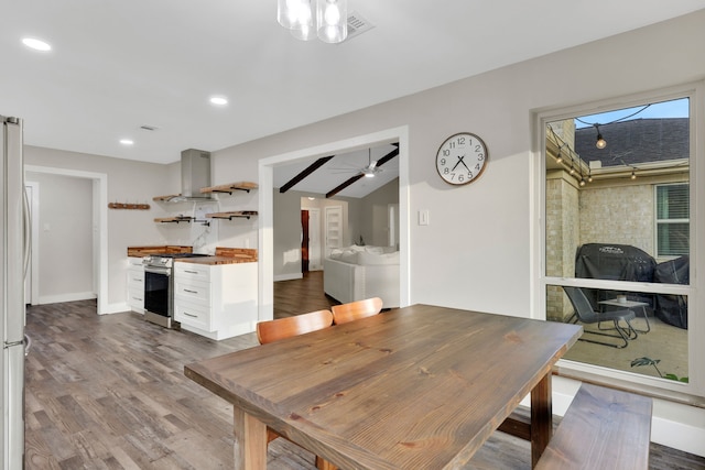 907 Eva Dr, Katy, TX 77493 - dining room with baseboards, wood finished floors, recessed lighting, and ceiling fan