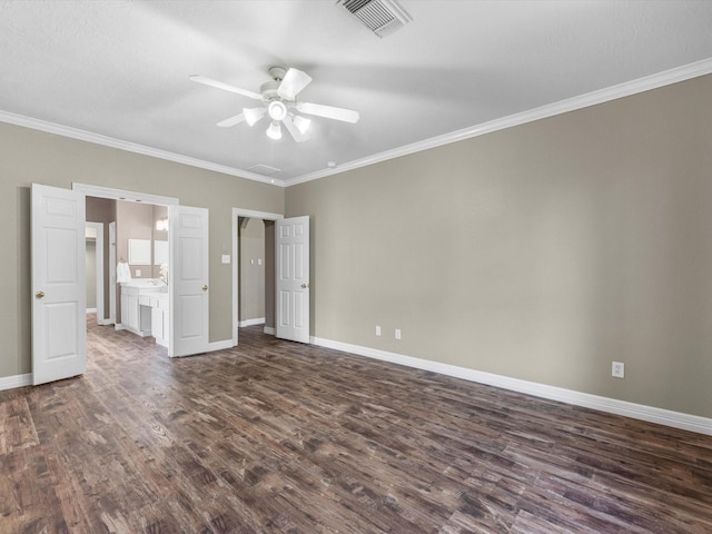 25169 Nutley Cir, Porter, TX 77365 - unfurnished bedroom featuring dark wood-style floors, ornamental molding, baseboards, ceiling fan, and ensuite bathroom