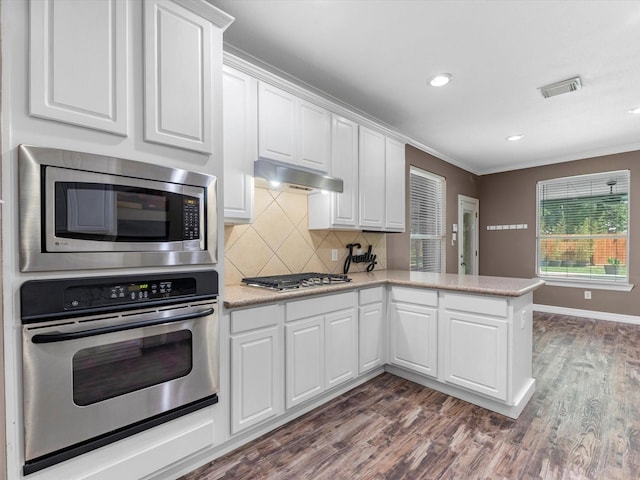 25169 Nutley Cir, Porter, TX 77365 - kitchen with appliances with stainless steel finishes, ornamental molding, under cabinet range hood, white cabinetry, and decorative backsplash