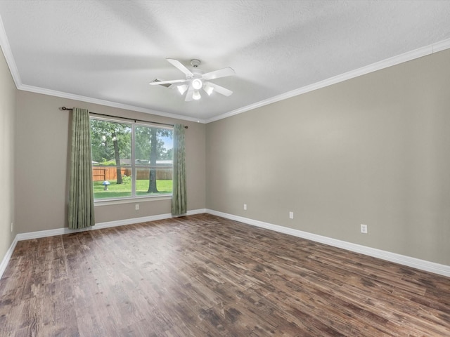 25169 Nutley Cir, Porter, TX 77365 - unfurnished room featuring dark wood-style flooring, a ceiling fan, baseboards, crown molding, and a textured ceiling