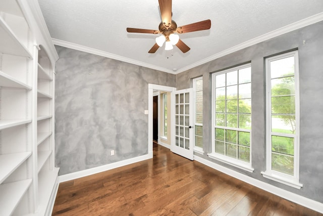 3306 Candlelon Dr, Spring, TX 77388 - empty room with hardwood / wood-style floors, baseboards, ceiling fan, crown molding, and french doors