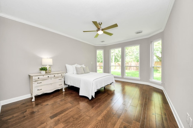 3306 Candlelon Dr, Spring, TX 77388 - bedroom with multiple windows, baseboards, dark wood-style floors, ornamental molding, and a ceiling fan
