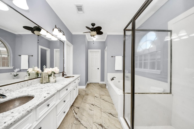 3306 Candlelon Dr, Spring, TX 77388 - bathroom with ceiling fan, double vanity, a stall shower, a bath, and crown molding
