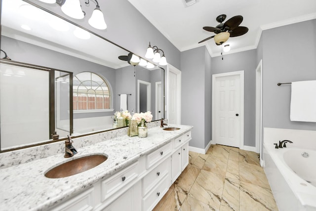 3306 Candlelon Dr, Spring, TX 77388 - full bath with a garden tub, double vanity, crown molding, marble finish flooring, and a shower stall