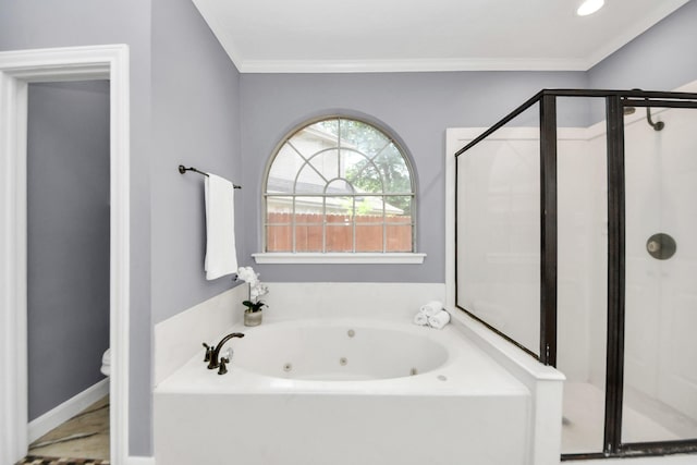 3306 Candlelon Dr, Spring, TX 77388 - full bathroom with a stall shower, a whirlpool tub, toilet, and ornamental molding